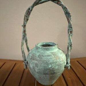 Vintage Verdigris Copper Pot With Handle Rustic Boho Decor Vessel